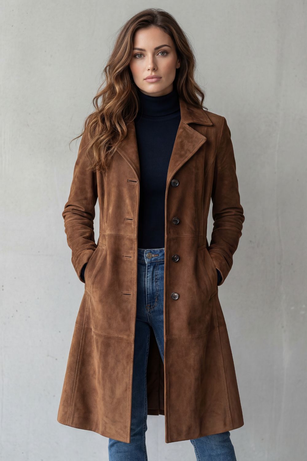 Elowen Vintage Longline Coat – Soft Suede Elegance