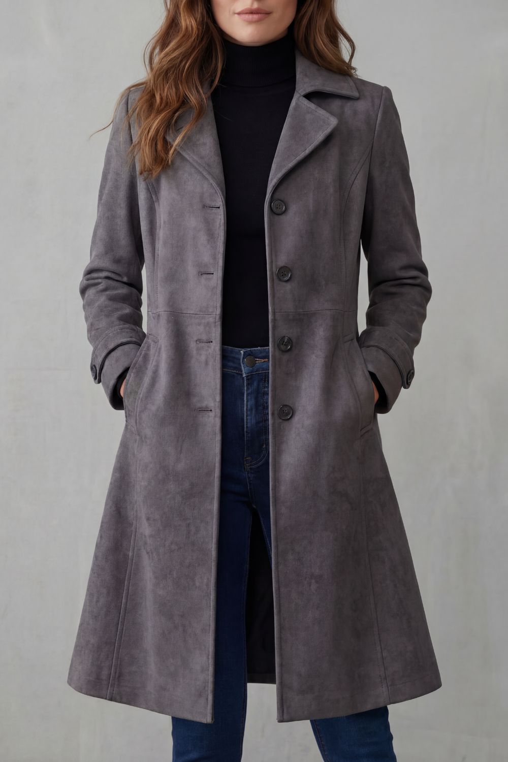 Elowen Vintage Longline Coat – Soft Suede Elegance